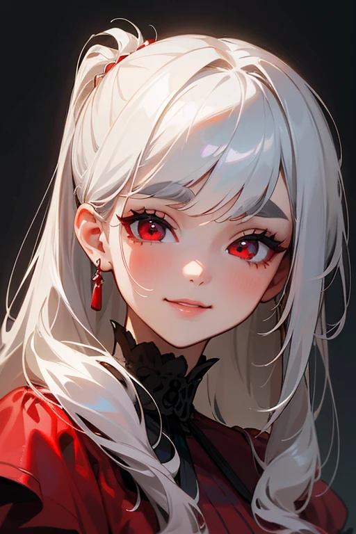 (Highest quality, masterpiece:1.2), High resolution, 最高masterpiece、Very detailed, Realistic:1.37, Fantasy, An illustration,Gray Hair、 Red eyes、Queen, Red dress、beautifully、Eyeshadow Red、Thick eyebrows、Long eyelashes、pupils are black、shiny on the lips、Top Sites、Queen、Princess、A kind smile、Soft impression、people々々Loved by、Slimming the face、Shoulder Bare、ponytail、Kissing Face、Long white hair、Shaggy Bangs、(Save face image).(Gothic Lolita)、(A kind smile)、(Background white)、