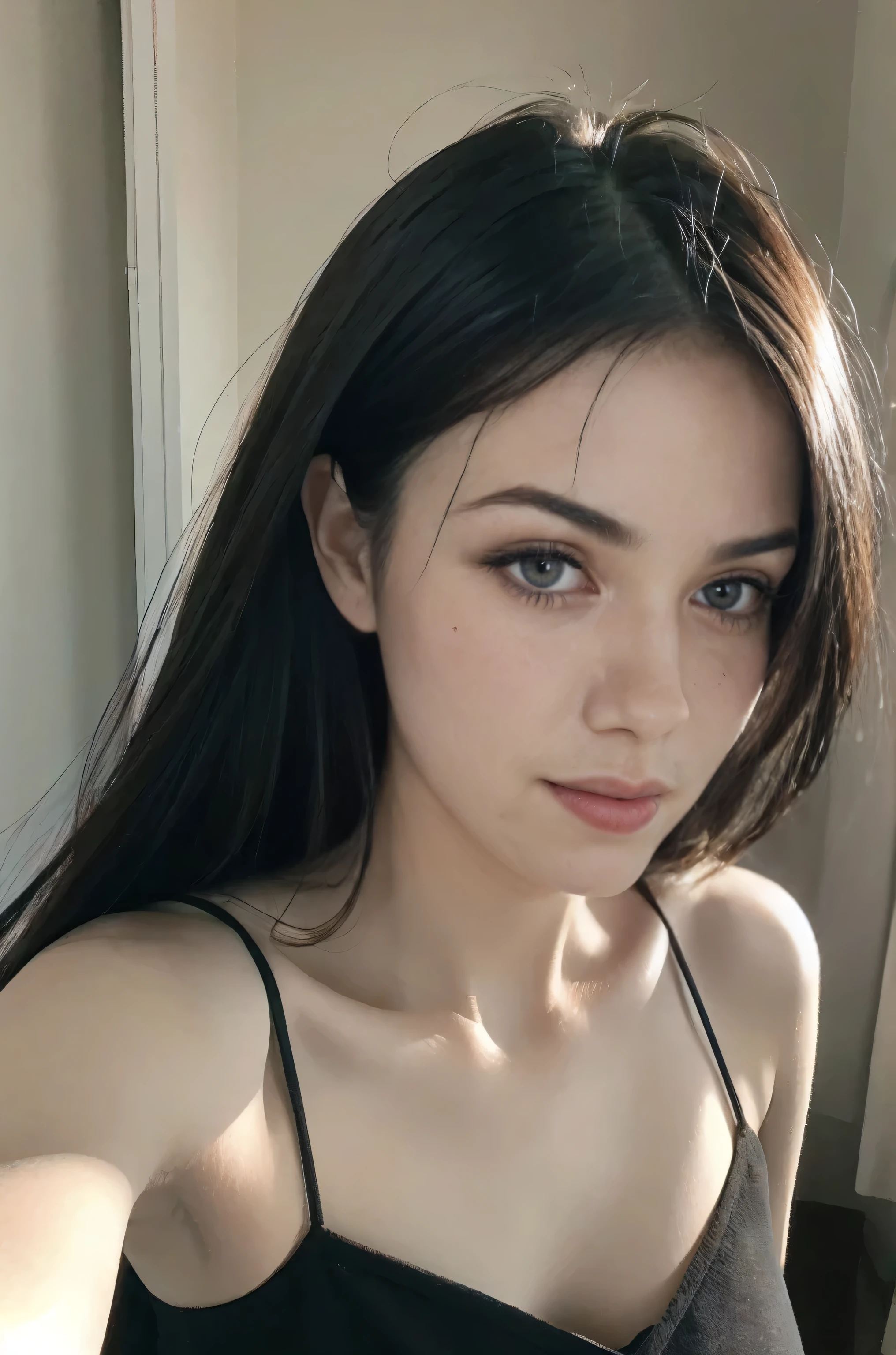 Arafed woman with a messy bun in a white tank top, Perfect face ), flawless face, 18 years old, sexy face with full makeup, Extremely beautiful face, sexy face, perfectly illuminated face, 🤤 picture of , Perfect face, Beautiful aesthetic face, Violet Myers, Perfect face and eyes, thick lips, straight eyebrows, Portrait of Sophie Mudd