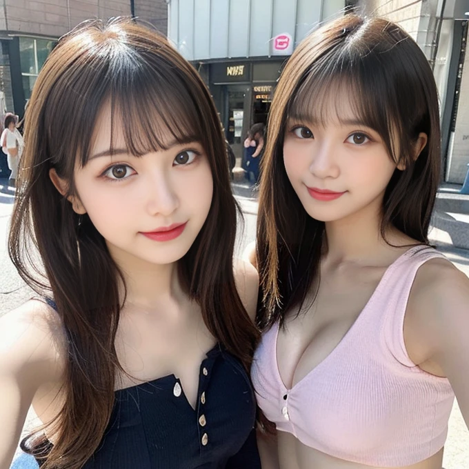 Twin girls, (beautiful girl, Delicate girl:1.3),Cute girl,20old,Two Girls Camisole, Exposing shoulders, Cleavage, Crop top, cut off, Denim shorts, abdomen, Short shorts, 
 (street:1.2),
 Very beautiful eyes, (Symmetrical eyes:1.3),
(One has small breasts, Pink eyes, Parted bangs, Blonde,short hair), (Upper teeth, best smile:0.2),
(One has a large chest,Black eyes,Black Hair,Long Hair), (Eye and facial details:1.0),
 (masterpiece, Highest quality, Very detailed, Detailed face, 8k),blush, smile,Leaning forward,wariza,Front view,looking at the camera
