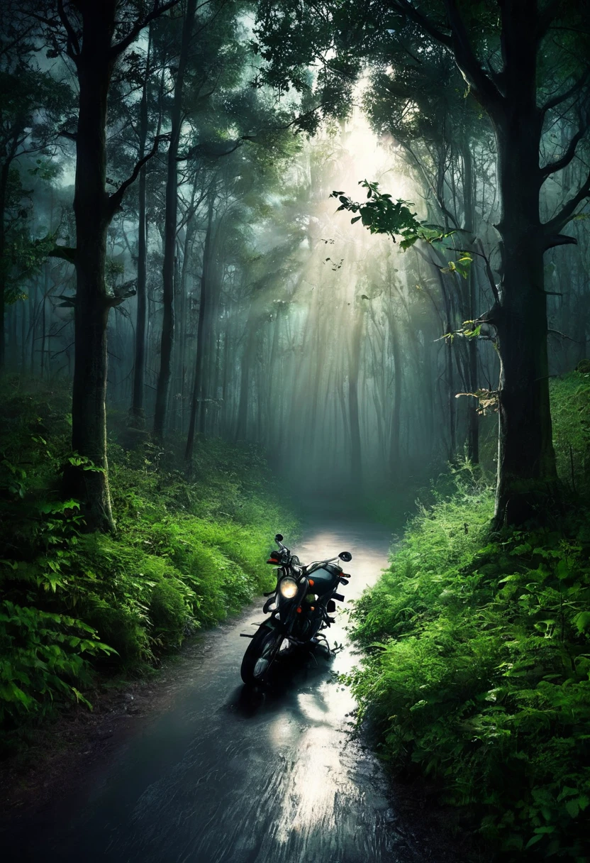 Describe a dark and scary forest scene. Dense forest with dense trees and ominous shadows. The dim light from the motorbike's headlights only illuminated a small area around it, creating a sharp contrast to the enveloping darkness of the forest. cast light onto the narrow, uneven dirt road overgrown with bushes, adding to the mysterious and unsettling atmosphere. Include visual details such as dew hanging on the leaves, light mist swirling around the trees should convey being in a very tense, scary and dangerous situation."