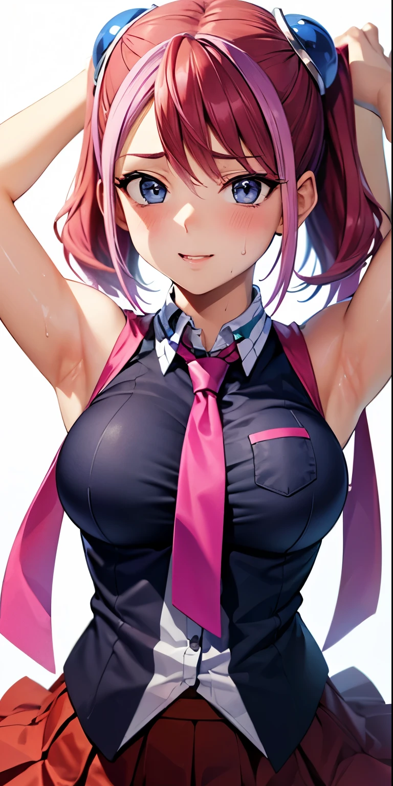 1 Female,High definition,high resolution,Ultra-realistic,8K, hy1, hair ornament, multicolored hair, necktie, skirt, sleeveless, , pink skirt, tight skirt,miniskirt, jewelry,European,sexy,Upper body close-up,Photographed from the front,Dynamic Angles,blush, medium tits, happy, wink the eye,facial, sweat,multicolored hair ,  arms up,arms together 