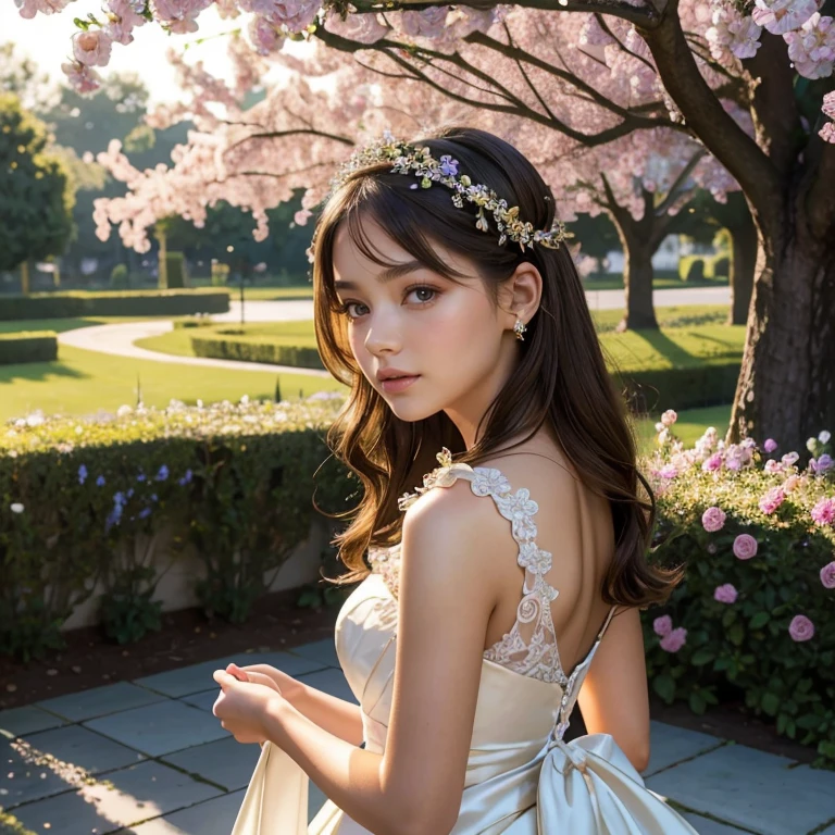 (​masterpiece, best quality:1.5), highest quality, High resolution, super detailed, Realists, Upper body photo of a brunette young flower girl, detailed and beautiful eyes, beautiful detailed lips, very detailed eyes and face, longeyelashes, Young girl in short flower girl dress made of shiny satin fabric, Beautiful and colorful makeup, elegant and noble々Pose,shiny satin headband, grind, Holding flowers, Gardens as background, soft daylight, bright colors, fine brushstrokes, Portrait style, Noble details in the dress fabric, beautiful color palette, glowing skin, First-class rendering, that captures every detail, enchanting atmosphere, subtle shadows and lights, (perfect ???????:1.2), (The two stunning young flower girls scatter rose petals for the bride in the background, (magnificent panorama view:1.2)
