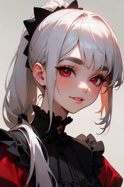 (Highest quality, masterpiece:1.2), High resolution, 最高masterpiece、Very detailed, Realistic:1.37, Fantasy, An illustration,Gray Hair、 Red eyes、Queen, Red dress、beautifully、Eyeshadow Red、Thick eyebrows、Long eyelashes、pupils are black、shiny on the lips、Top Sites、Queen、Princess、A kind smile、Soft impression、people々々Loved by、Slimming the face、Shoulder Bare、ponytail、Kissing Face、Long white hair、Shaggy Bangs、(Save face image).(Gothic Lolita)、(A kind smile)、(Background white)、