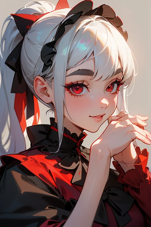 ((Bunny girl)).(Highest quality, masterpiece:1.2), High resolution, 最高masterpiece、Very detailed, Realistic:1.37, Fantasy, An illustration,Gray Hair、 Red eyes、Queen, beautifully、Eyeshadow Red、Thick eyebrows、Long eyelashes、pupils are black、shiny on the lips、Top Sites、Queen、Princess、A kind smile、Show your teeth a little and smile、Soft impression、people々々々々々々々々々Loved by、Slimming the face、Shoulder Bare、ponytail、Kissing Face、Long white hair、Shaggy Bangs、(Save face image).(solo).(Looking up)、((Bunny girl)).(From the waist up).