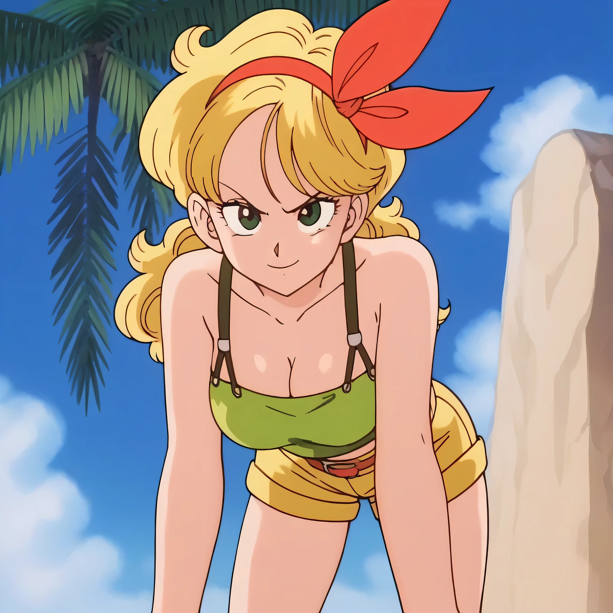 source_anime, score_9, score_8_up, score_7_up, anime screencap, high quality, launch bad, 1girl, solo, blonde hair, breasts, shorts, leaning forward, press breasts together, looking at viewer, looking up, smile, green eyes, cleavage, green crop top, long hair, sky, cloud, curly hair, blue sky, midriff, day, big breasts, outdoors, bare hands, ribbon, short shorts, red hairband, bare shoulders, collarbone, yellow shorts, shirt, green legwear, eyelashes, seaside