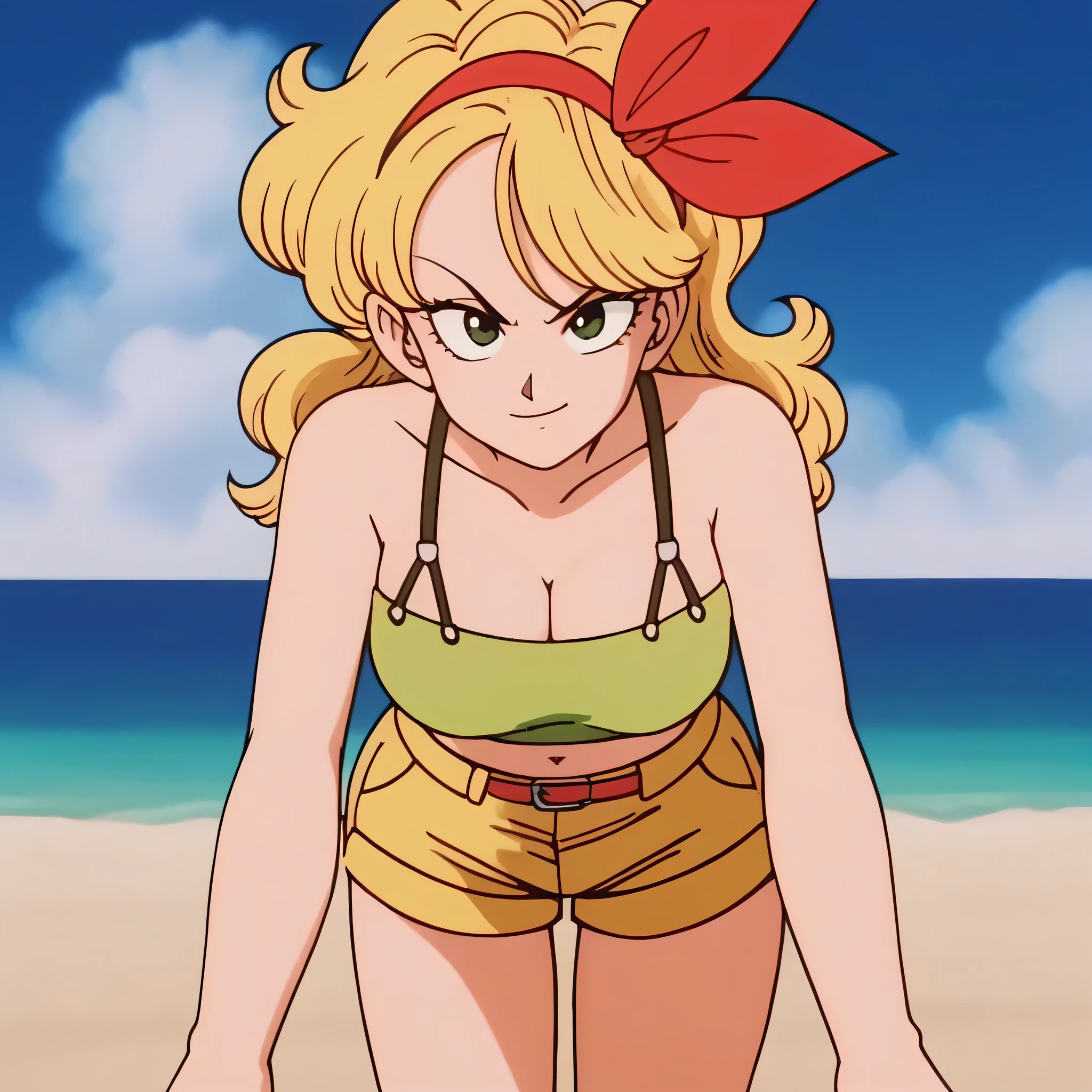 source_anime, score_9, score_8_up, score_7_up, anime screencap, high quality, launch bad, 1girl, solo, blonde hair, breasts, shorts, leaning forward, press breasts together, looking at viewer, looking up, smile, green eyes, cleavage, green crop top, long hair, sky, cloud, curly hair, blue sky, midriff, day, big breasts, outdoors, bare hands, ribbon, short shorts, red hairband, bare shoulders, collarbone, yellow shorts, shirt, green legwear, eyelashes, seaside