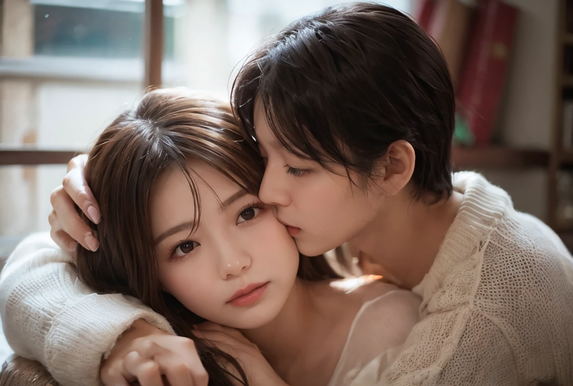 A couple surprising the other with a gift or sharing a tender moment like a hug or kiss.