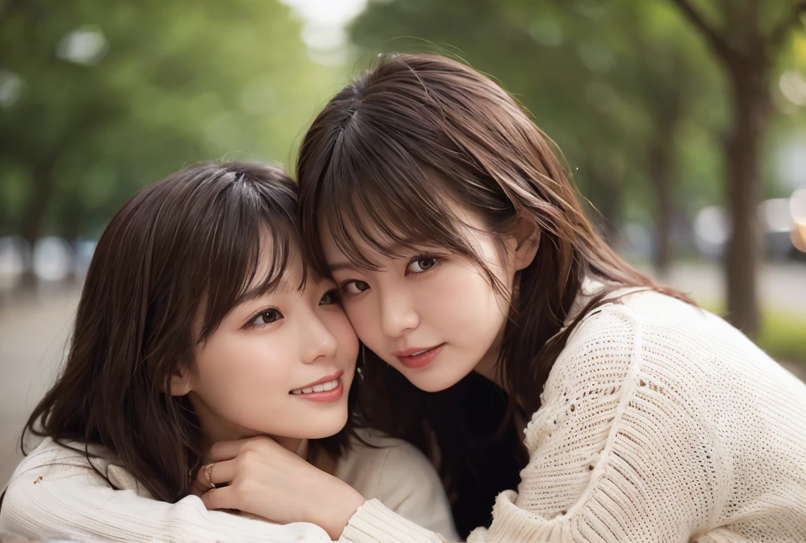 (masterpiece:1.3), (8K, Photoreal, Raw photo, best image quality: 1.4), Japanese high school girl、Similar identical twins、2 girls、(random hairstyle:1.2)、cleavage:1.2、super detail face、eye for details、double eyelid、chest to chest、sharp focus:1.2、Beautiful woman:1.4、light brown hair、highest quality、masterpiece、Super high resolution、(Photoreal:1.4)、Highly detailed and professionally lit smiles、loose and light knitwear, Two girls are touching each other's bodies, because they are very surprised that they have exactly the same face, all girls are exactly the same face