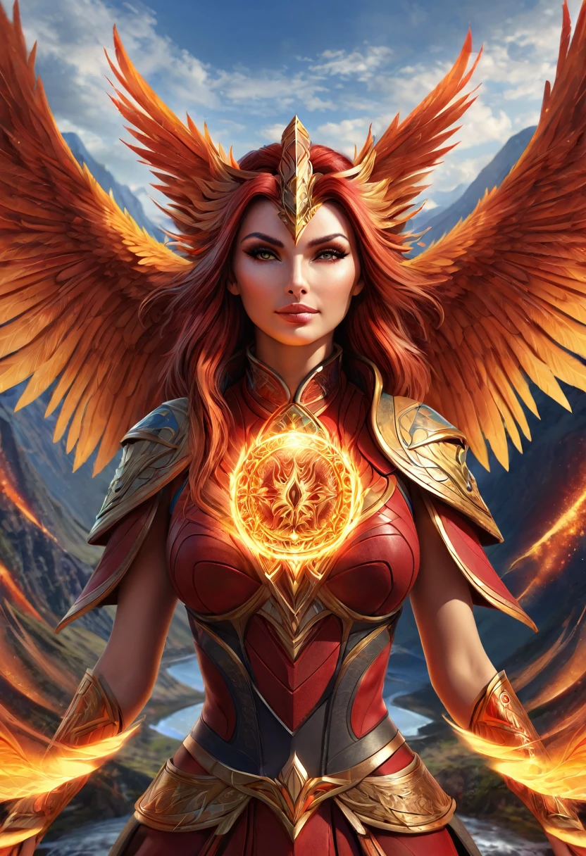 Anthropomorphic female phoenix mage. Official Art – Charecter profile. An Award-Winning Digital Masterpiece In 4K Ultra HD, Extreme Detail And Intricate Realism. Symmetrical Face. This Concept Art Brought To Life By The Hands Of Artists Like Wlop & Artgerm In A Stunning 2D Vector Illustration.Background Is A Panoramic Vista.