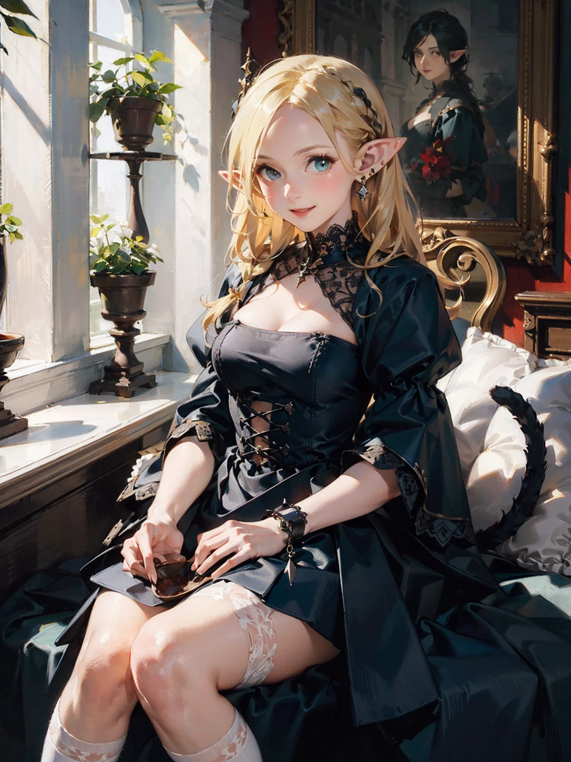 Gothic fashion woman,(masterpiece, Highest quality) detailed,Silver Accessories , blonde ,Pointy Ears ,(Lace Underwear),Double Tail,Waist-length hair,smile,White lace socks,Rococo、Gorgeous dress