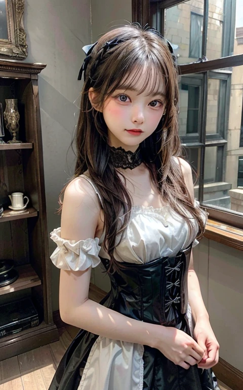 A gothic ta idol standing in an abandoned mansion. Her long, curly black hair cascades over her shoulders, adorned with delicate black ribbons. Her eyes, large and sparkling, hold a hint of mischief. She's wearing an intricately designed black and white loliress with lace overlays and a corset. The dress is covered in delicate silver embroidery. She's holding a vintage music box, and a soft, ethereal light from a nearby window illuminates her face. The room is filled with antique furniture, dusty bookshelves, and portraits of past inhabitants. The background is blurred, creating a dreamy atmosphere. Focus on capturing the soft, diffused lighting and the intricate details of the costume.