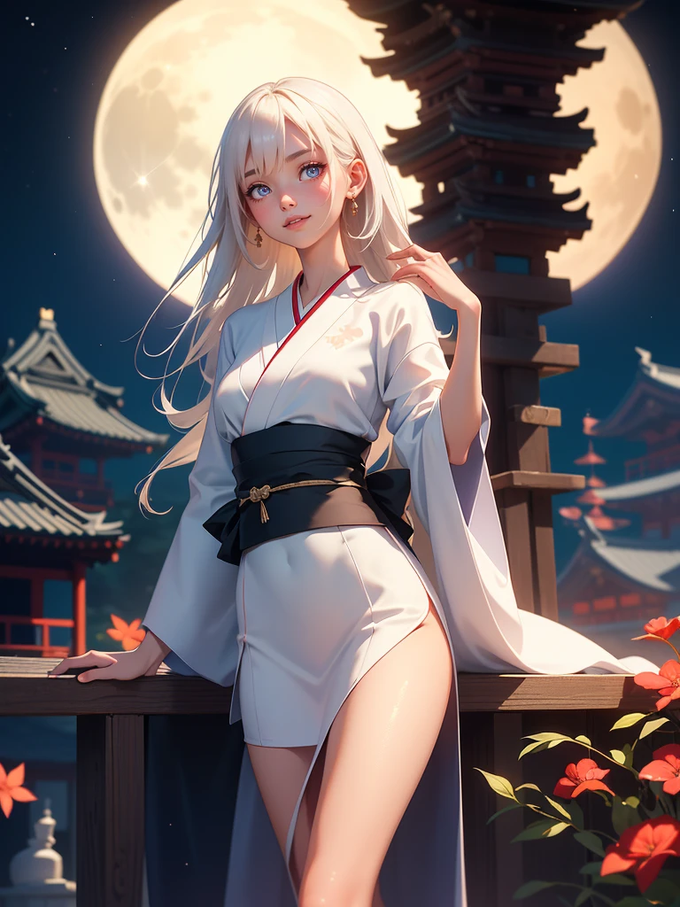 8K, Masterpiece, RAW photo, Best quality, detail:1.2), Photorealistic, Extremely detailed Cg Unity 8K wallpaper, Depth of field, Cinematic light, Lens flare, Ray tracing, (Extremely beautiful face, Beautiful lips, Beautiful eyes), intricate detail face, ((ultra detailed skin)) 1girll, In the dark, deepshadow, Pretty Japan girl, Jpop idol, (Very slim and slender muscular body:1.3), ((view the viewer)), (Big smile), (bodycon Kimono), (RedKimono), (Injection sleeve), (Leaning on the wall japanese building), Clear Sky (Big White Moon), Pretty Japanese girl, Pantyhose, Clear eyes, Standing, (Pale skin), Face forward, (Big eyes), ((upperbody shots)), Kimono Silk, Front shot, Very slim, slander, seamless, Kimono with a slightly open, magical ambient, ((full body))