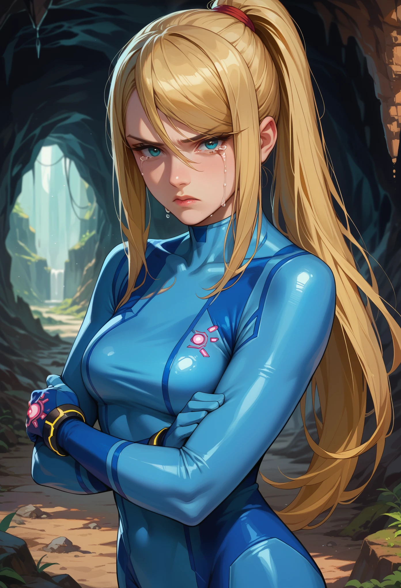 score_9, score_8_up, score_7_up, 1girl, solo,defSamus, blonde hair, long hair, bodysuit, blue clothes, blue pants, blue gloves, standing, head on side, looking at you, crossed arms, sad, crying, cave entrance