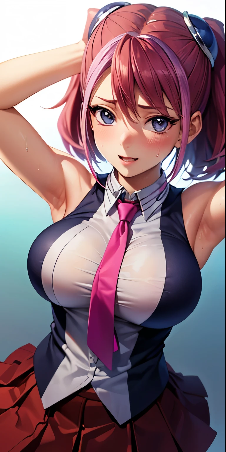 1 Female,High definition,high resolution,Ultra-realistic,8K, hy1, hair ornament, multicolored hair, necktie, skirt, sleeveless, , pink skirt, tight skirt,miniskirt, jewelry,European,sexy,Upper body close-up,Photographed from the front,Dynamic Angles,blush, medium tits, happy, wink the eye,facial, sweat,multicolored hair ,  arms up,arms together 