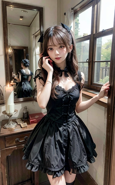 A gothic lolita idol is singing in a dimly lit, haunted mansion. Her black and white lolita dress is adorned with spiderweb lace and velvet ribbons. She's standing in front of a grand, ornately carved mirror, her reflection distorted and eerie. The only light source is a flickering candle, casting dancing shadows on the walls. The room is filled with antique furniture and dusty cobwebs. Use dramatic lighting and a shallow depth of field to create a sense of mystery and intrigue.