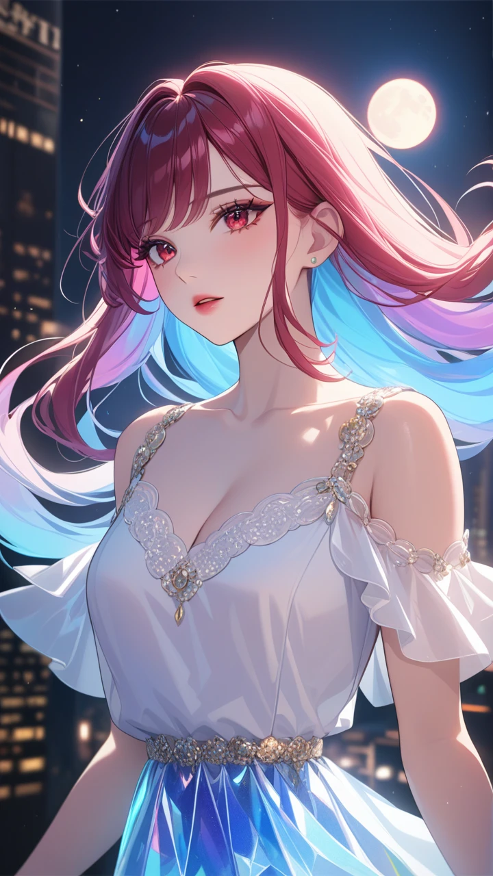 masterpiece, best quality:1.3, 1girl, moon dress, giants girl , floating ,moon , holding moon , detailed face, red eyes, beautiful detailed lips, long eyelashes, delicate facial features, expressive face, detailed skin texture, moonlight lighting, vibrant colors, cinematic lighting, soft focus, prismatic, holographic,chromati caberration,