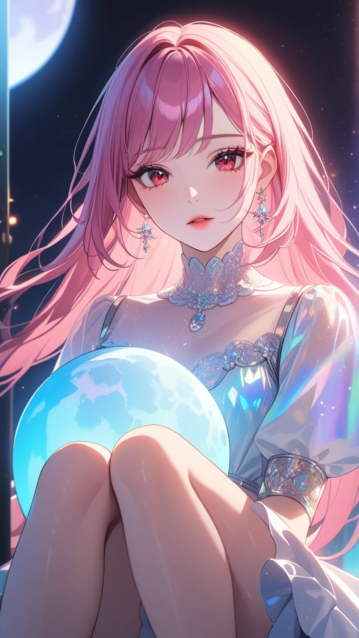 masterpiece, best quality:1.3, 1girl, moon dress, giants girl , floating ,moon , holding moon , detailed face, red eyes, beautiful detailed lips, long eyelashes, delicate facial features, expressive face, detailed skin texture, moonlight lighting, vibrant colors, cinematic lighting, soft focus, prismatic, holographic,chromati caberration,
