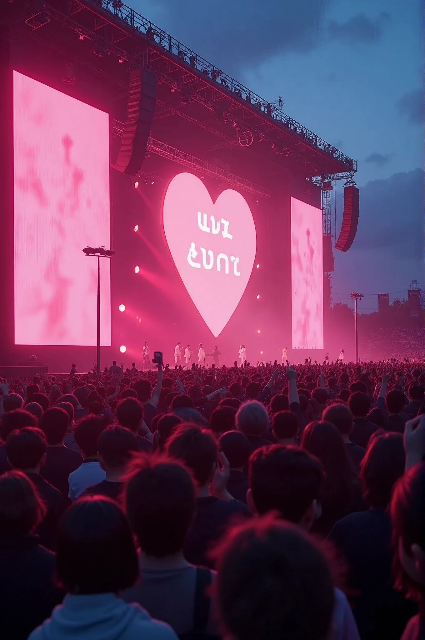 (masterpiece, best quality, 8K, Clear focus, Writing border depth, Best shadow, Perfect lighting, high resolution, Realistic skin texture, Ultra-detailed background), Anime style, ((The big screen says WE love BTS)) ,At the concert site