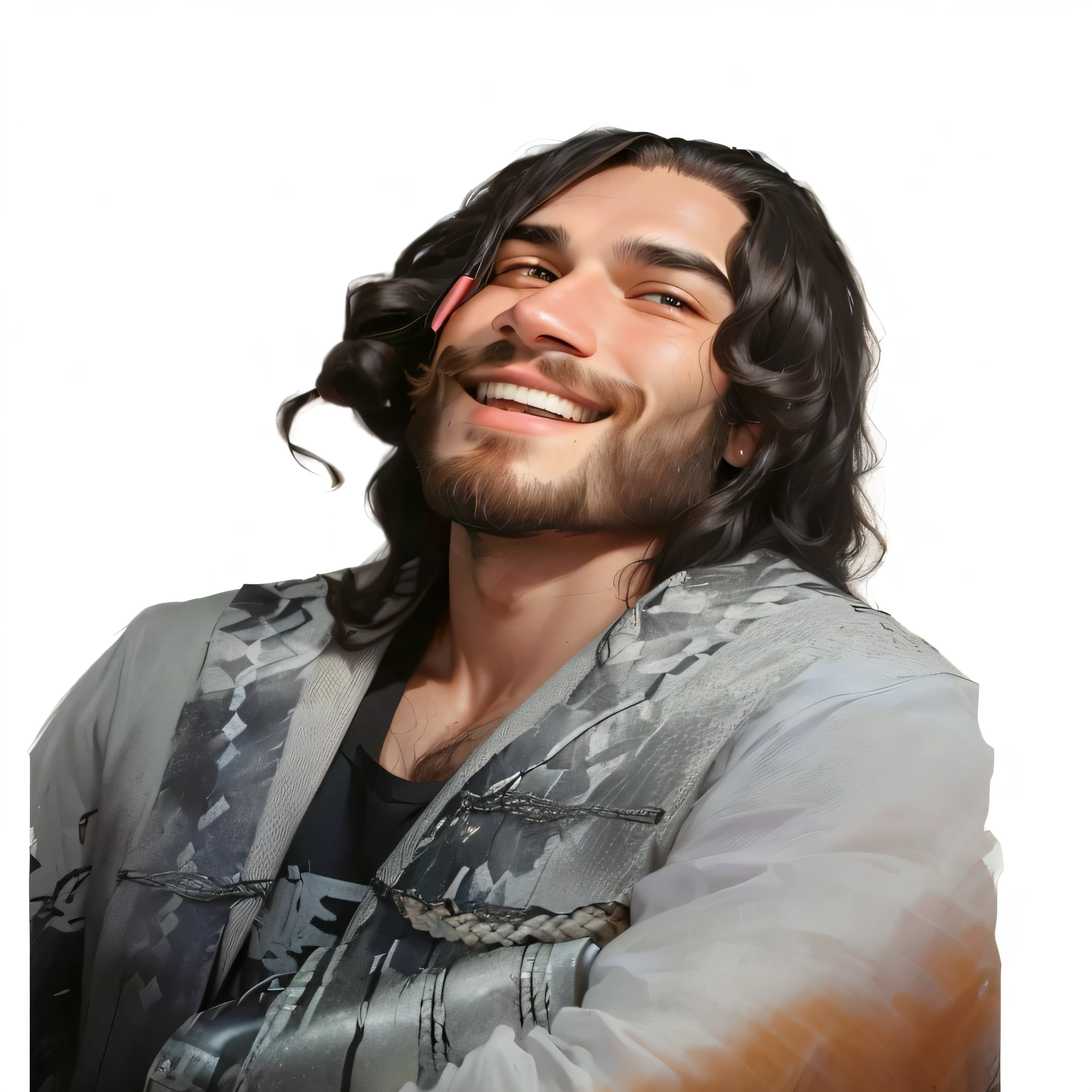 arafed man with medium long hair and beard smiling, profile headshot, half body headshot, realistic photo, High quality portrait, punishment, very very low quality image, headshot, Professional profile photo, contraction serpentine / ludwig player, very much in favor, Caio Santos, punishment style