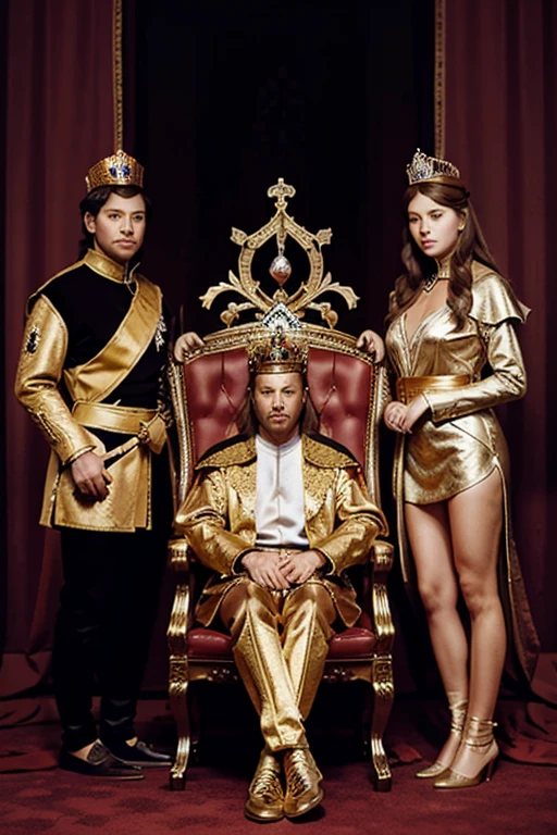 A group of nobles sitting on a throne, with crowns and scepters.