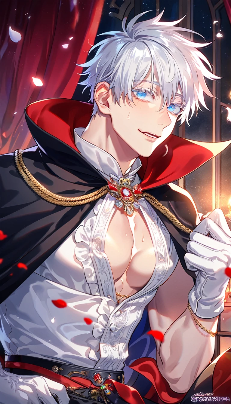 absurdres, highres, ultra detailed, HDR, master piece, best quality, perfect face, beautiful eyes, Gojou Satoru, white hair, expressive blue eyes, white eyelashes, Jujutsu Kaisen, solo, sexy man, handsome, horny, lewd, vampire clothes, black cape, white gloves, accessories, showing the chest, vampire, luxurious room, night, window, red curtains, petals, magical, fantasy, Nu Carnival