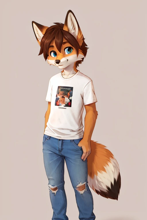 fox boy, jeans, t-shirt, flat chested, plain background