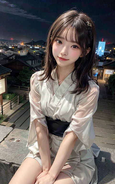 A woman with fluffy, cotton candy-colored hair is sitting on a hilltop, overlooking a small Japanese town. She's wearing a pastel kimono and holding a small sake cup. The sky is filled with fireworks, and the lights of the town twinkle in the distance. She has a serene expression on her face as she takes in the beautiful night view. Use a shallow depth of field to isolate the subject and create a dreamy atmosphere.