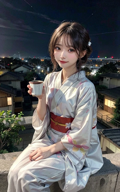 A woman with fluffy, cotton candy-colored hair is sitting on a hilltop, overlooking a small Japanese town. She's wearing a pastel kimono and holding a small sake cup. The sky is filled with fireworks, and the lights of the town twinkle in the distance. She has a serene expression on her face as she takes in the beautiful night view. Use a shallow depth of field to isolate the subject and create a dreamy atmosphere.