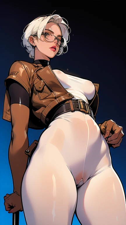 (masterpiece), best quality, expressive eyes, perfect face(masterpiece), best quality, expressive eyes, perfect face, a woman, 25 age,  80s style, short white hair, bronze skin, large breasts, wide hips, brown leather jacket, 
amber eyes, dark aviator glasses, neon city on background, holsters, spike chocker, holster, gun holster, bondage gear, armwear, legwear, black gloves, elbow sleeves, thick thighs,  pantyhose, harness, shaved pussy, pussy visible through clothes, see-through pantyhose, pussy visible through pantyhose, shirtless, 