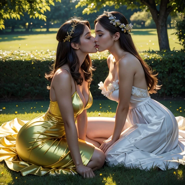 (masterpiece, best quality:1.5), highest quality, High resolution, super detailed, Realists, Upper body photo of a brunette woman, detailed and beautiful eyes, beautiful detailed lips, very detailed eyes and face, longeyelashes, Woman in short zebra dress made of shiny satin fabric, Beautiful and colorful makeup, elegant and noble々Pose,shiny satin headband, grind, Holding flowers, Gardens as background, soft daylight, bright colors, fine brushstrokes, Portrait style, Noble details in the dress fabric, beautiful color palette, glowing skin, First-class rendering, that captures every detail, enchanting atmosphere, subtle shadows and lights, (perfect anatomy:1.2), (The two stunning women lie in the grass and are deeply in love with each other:1.4), (kiss:1.2), (magnificent panorama view:1.2)