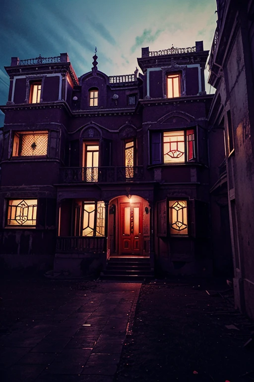 Haunted house, rooms with mucielagos. a lot of beauty, red, purple, reflexes 