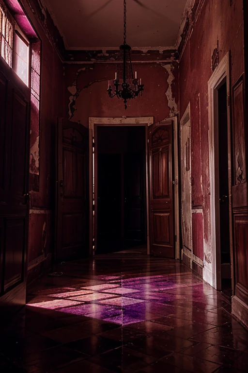 Haunted house, rooms with mucielagos. a lot of beauty, red, purple, reflexes