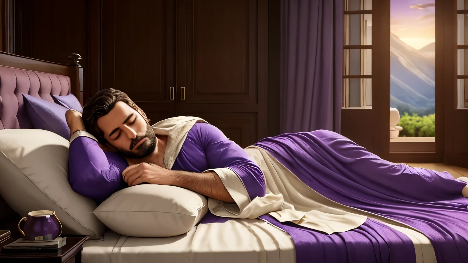 a rich man sleeping in a luxurious bed, dressed in purple and fine linen, scenery and clothing from the biblical era
