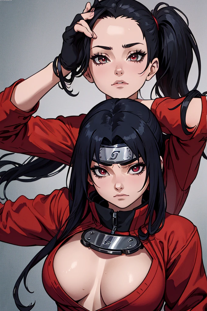 (((masterpiece))), ((naruto)), ((highly detailed)), (((high quality))), 1girl, solo, upper art, ((pretty face:1.2)), (((black hair))), very long hair, (((two ponytails))), sharigan eye, Uchiha eyes, ((Akatsuki clothing)), looking at viewer, nonchalant face, ((konoha background)), giant breasts, big breasts, ((pale skin)), closeup, ((dark vibes)), (((dynamic pose))), ((real proportions of a woman)), ((loose clothes)), ((dark red clothes))