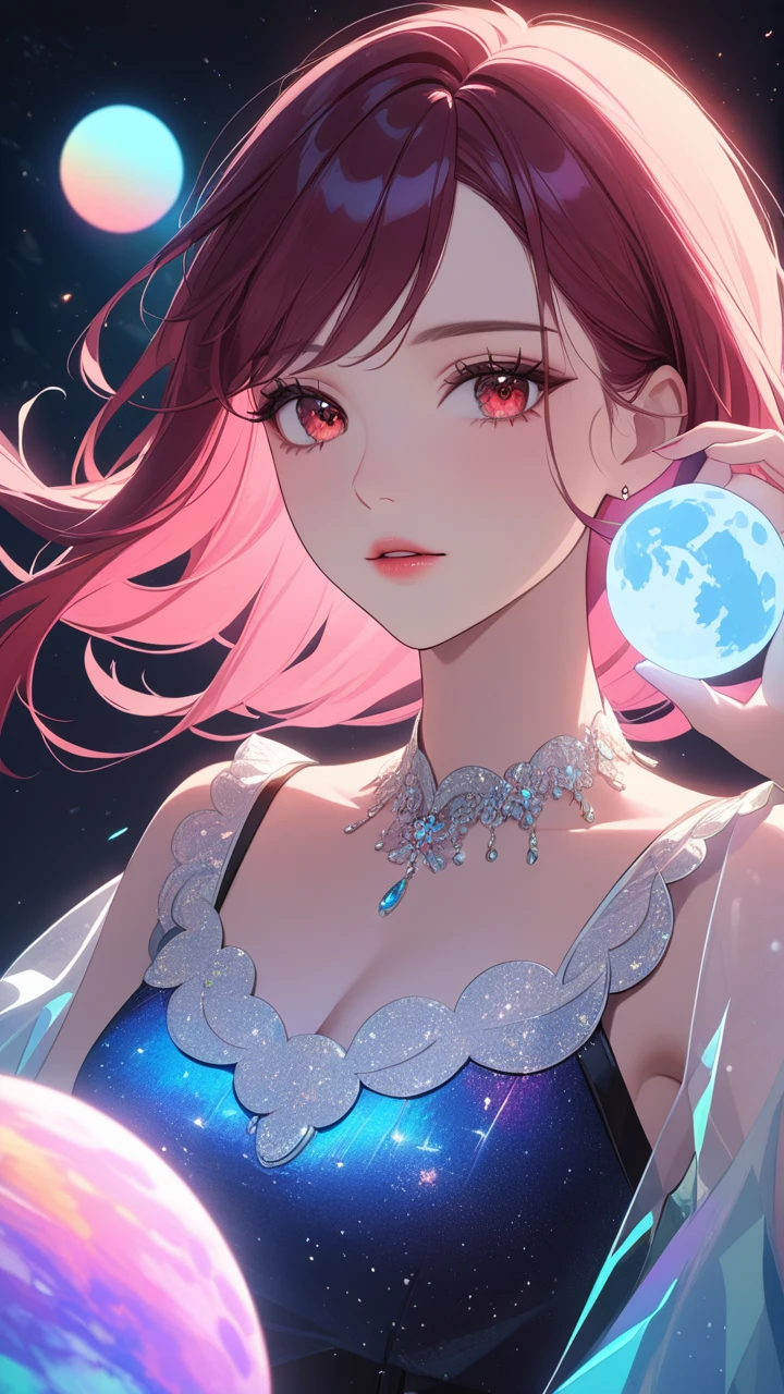 masterpiece, best quality:1.3, 1girl, moon dress, giants girl , floating,space ,moon , holding moon , detailed face, red eyes, beautiful detailed lips, long eyelashes, delicate facial features, expressive face, detailed skin texture, moonlight lighting, vibrant colors, cinematic lighting, soft focus, prismatic, holographic,chromati caberration,