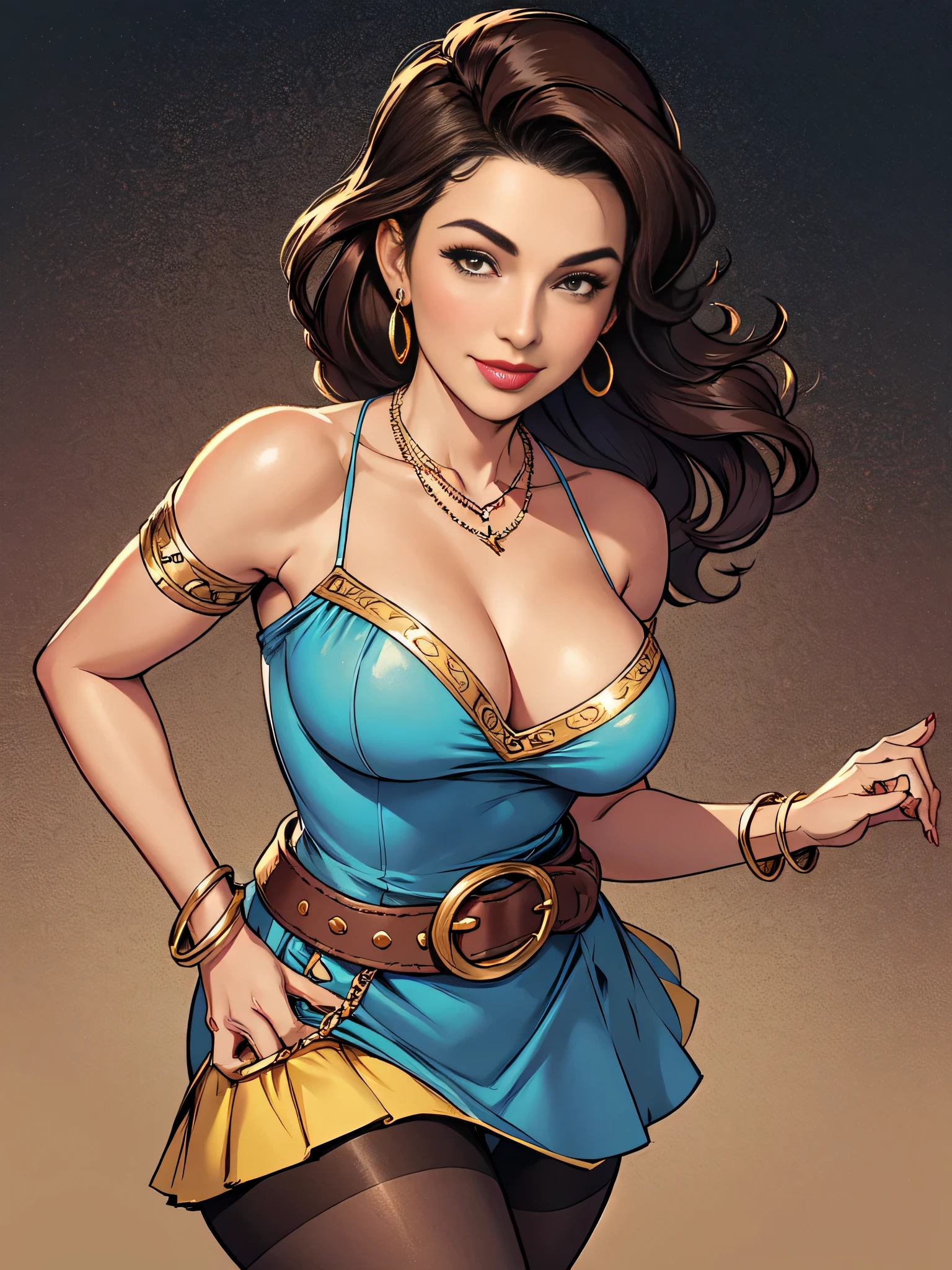 1 30 year old woman, Poster,standing alone, slickedback hair, looking ahead at viewer, neckleace, bared shoulders, beautiful face,shy smile, jewerly, medium breasts, aretes, colorful soft dress, pantyhose,waist belt, necklase, bracelet, lips, bracelete,((dynamic angle))