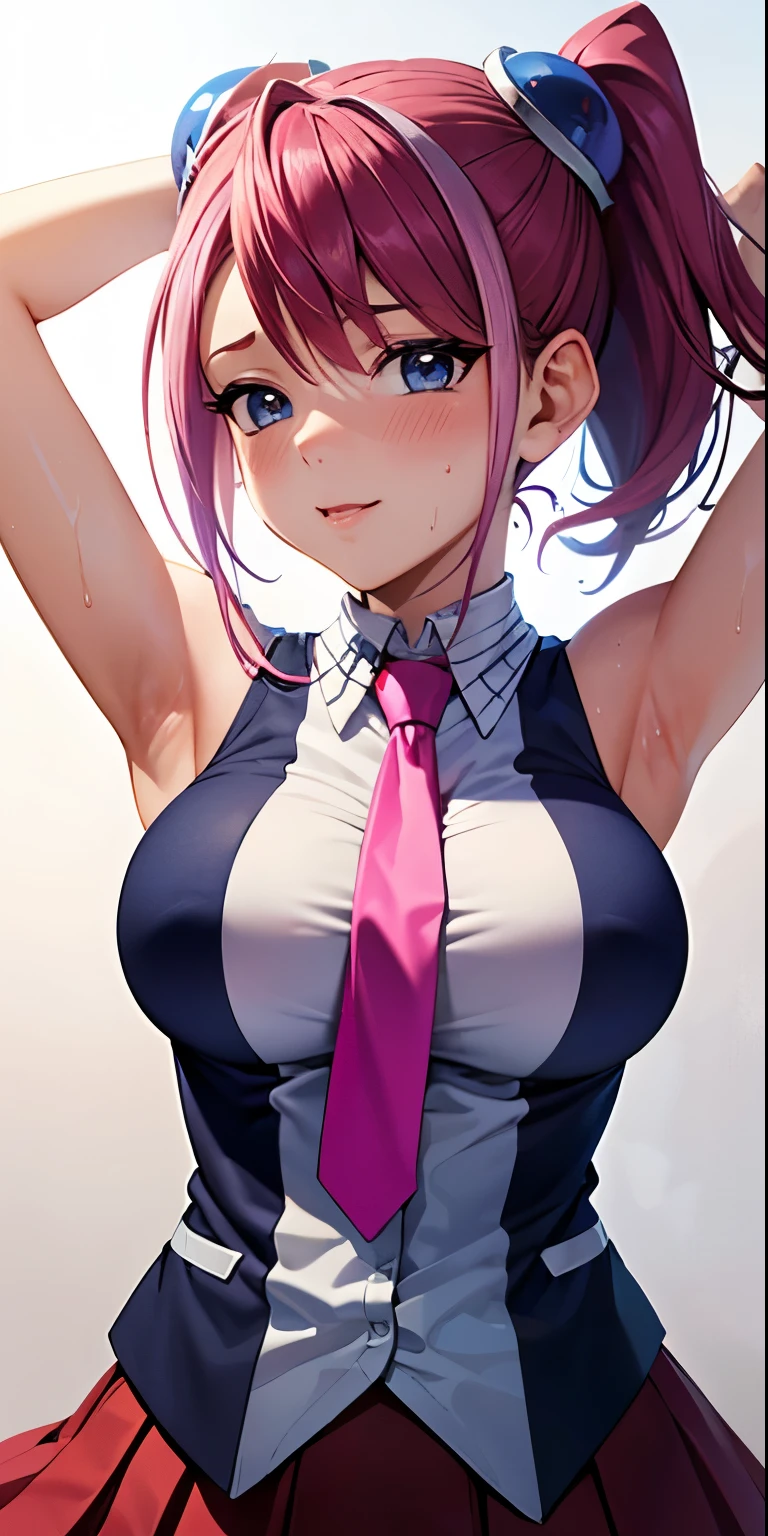 1 Female,High definition,high resolution,Ultra-realistic,8K, hy1, hair ornament, multicolored hair, necktie, skirt, sleeveless, , pink skirt, tight skirt,miniskirt, jewelry,European,sexy,Upper body close-up,Photographed from the front,Dynamic Angles,blush, medium tits, happy, wink the eye,facial, sweat,multicolored hair ,  arms up,arms together 