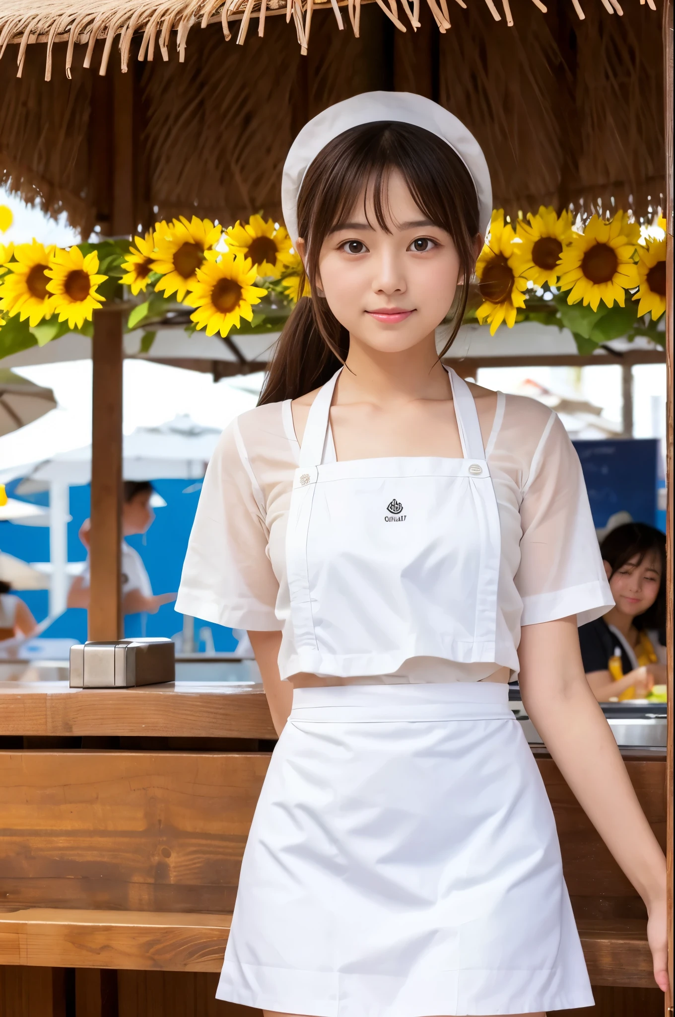 20 years old girl (Japanese cute face) is wearing white apron, mini skirt at the beach bar with sunflower