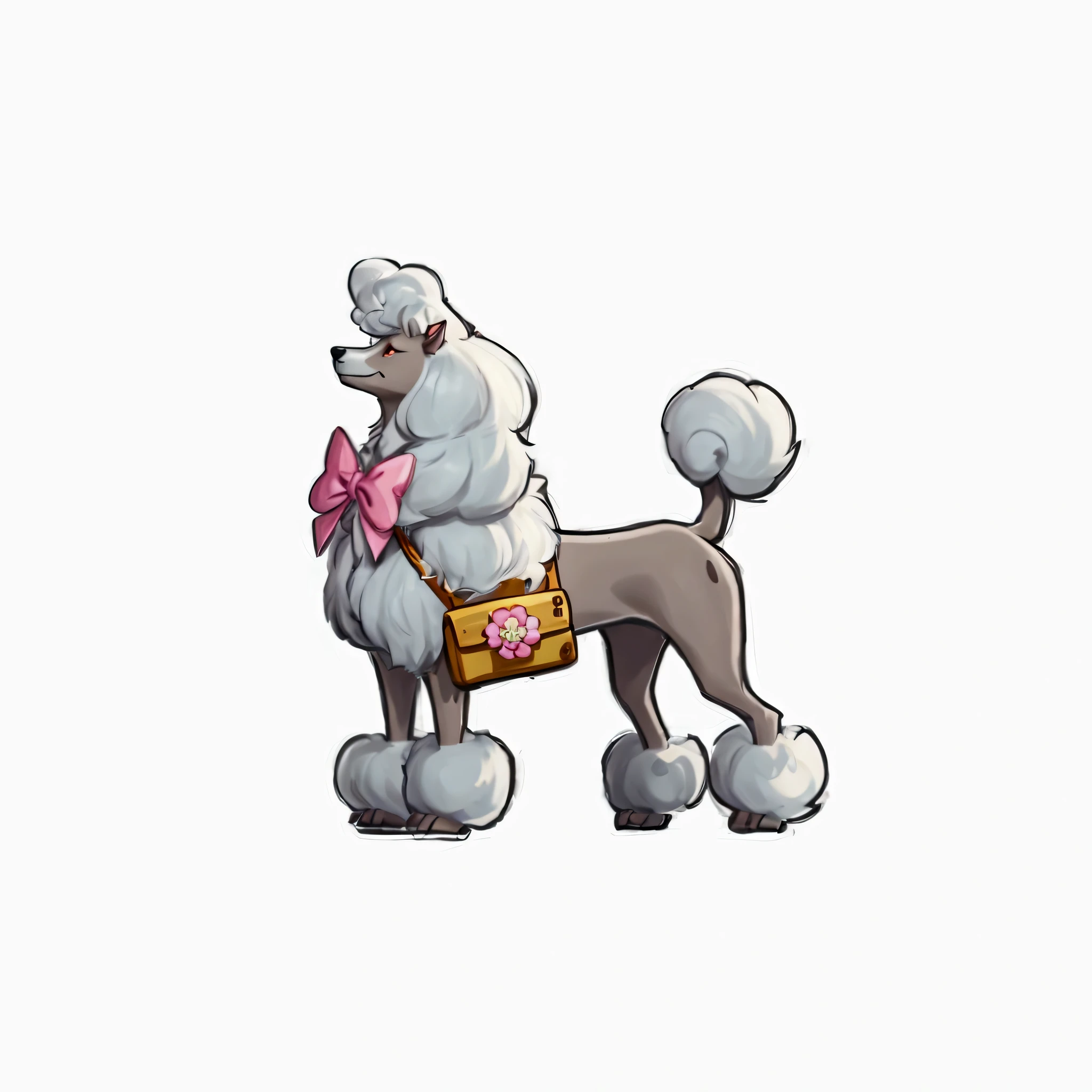 There is a poodle with a pink bow and backpack, sideways，Poodle, Pink bow on chest，Backpack，High-spirited，Hold your head high，your tail，big ear，Dense hair on limbs，Slender build，8k，ue5 render，3D Rendering，Cartoon Style，Anime style，more details，Large color blocks，Thick coating style