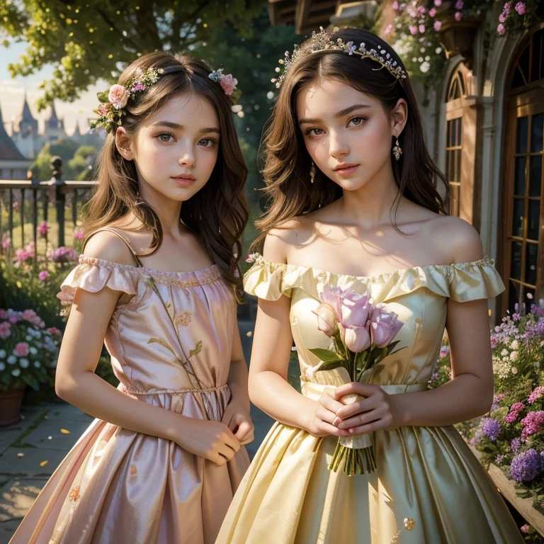 (masterpiece, best quality:1.5), highest quality, High resolution, super detailed, Realists, Upper body photo of a brunette young flower girl, detailed and beautiful eyes, beautiful detailed lips, very detailed eyes and face, longeyelashes, Young girl in short flower girl dress made of shiny satin fabric, Beautiful and colorful makeup, elegant and noble々Pose,shiny satin headband, grind, Holding flowers, Gardens as background, soft daylight, bright colors, fine brushstrokes, Portrait style, Noble details in the dress fabric, beautiful color palette, glowing skin, First-class rendering, that captures every detail, enchanting atmosphere, subtle shadows and lights, (perfect anatomy:1.2), (The two stunning flower girls scatter rose petals. (magnificent panorama view:1.2)