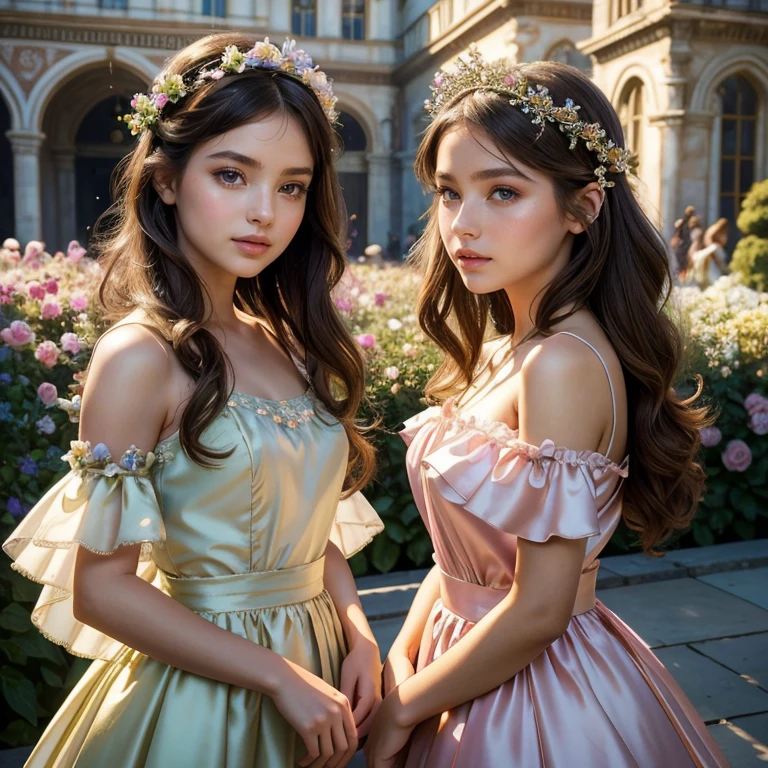 (masterpiece, best quality:1.5), highest quality, High resolution, super detailed, Realists, Upper body photo of a brunette young flower girl, detailed and beautiful eyes, beautiful detailed lips, very detailed eyes and face, longeyelashes, Young girl in short flower girl dress made of shiny satin fabric, Beautiful and colorful makeup, elegant and noble々Pose,shiny satin headband, grind, Holding flowers, Gardens as background, soft daylight, bright colors, fine brushstrokes, Portrait style, Noble details in the dress fabric, beautiful color palette, glowing skin, First-class rendering, that captures every detail, enchanting atmosphere, subtle shadows and lights, (perfect anatomy:1.2), (The two stunning flower girls scatter rose petals. (magnificent panorama view:1.2)