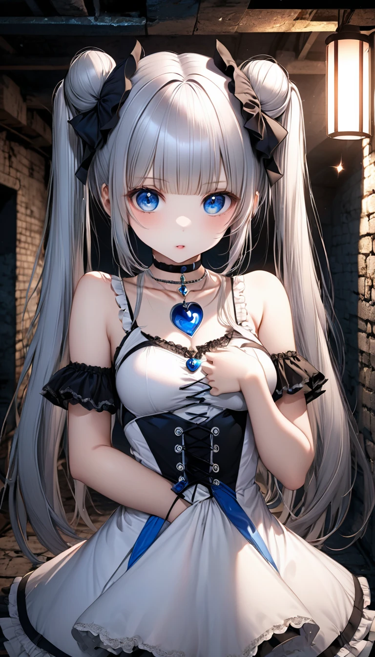 cute magical girl, (double bun, blunt bangs, silver straight long hair), amorous and lewd face, make-up, blue eyes, great proportion, white gothic bare-dress, choker, both hands above head, background dimly lit basement, (ultra detailed, absolutely resolution, best quality:1.3), 2.5D, delicate and dynamic, artistic photography, hyper realistic, graphic CG digital cartoon-style art