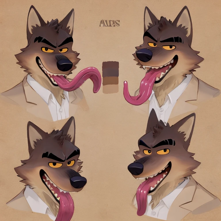 Mr. Wolf (The Bad Guys), DreamWorks Animation, 2D, Looking at viewer, Open Mouth, Tongue Out, Long Tongue, Wide-Eyed, Wolf Ears, Anatomically Correct, Seductive Smile, Raised Eyebrow, Oral Invitation, Simple background, Multiple Views, Character Sheet Full-Length, Character Design, Illustration, High Resolution, Super Detailed, Textured Skin, Single Shot, Full Shot