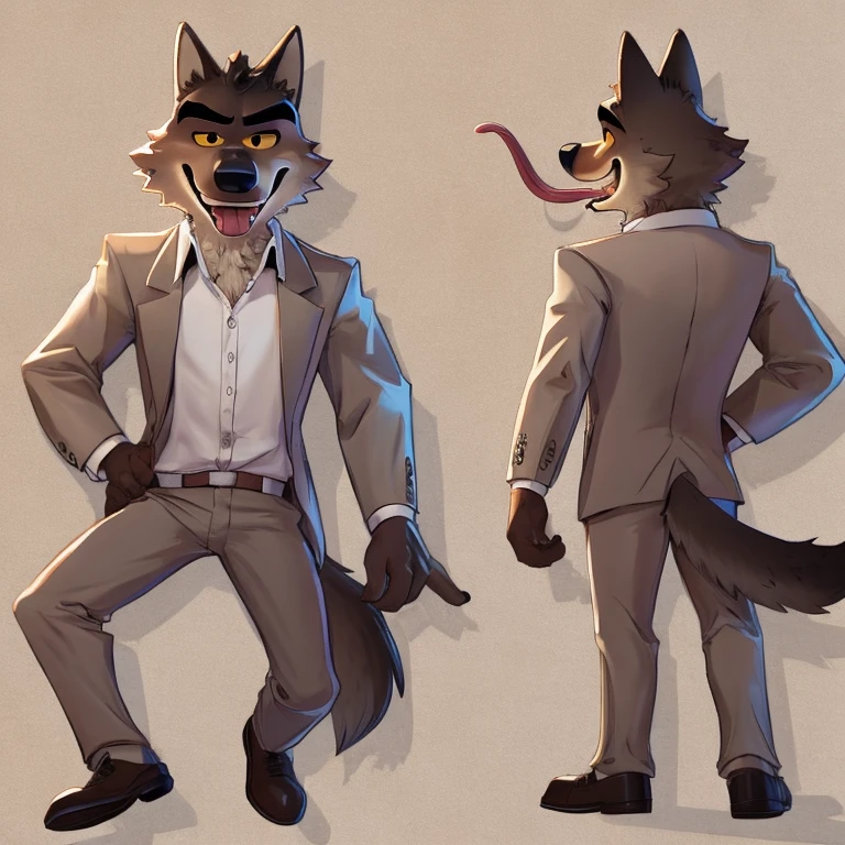 Mr. Wolf (The Bad Guys), DreamWorks Animation, 2D, Looking at viewer, Open Mouth, Tongue Out, Long Tongue, Wide-Eyed, Wolf Ears, Anatomically Correct, Seductive Smile, Raised Eyebrow, Oral Invitation, Simple background, Multiple Views, Character Sheet Full-Length, Character Design, Illustration, High Resolution, Super Detailed, Textured Skin, Single Shot, Full Shot