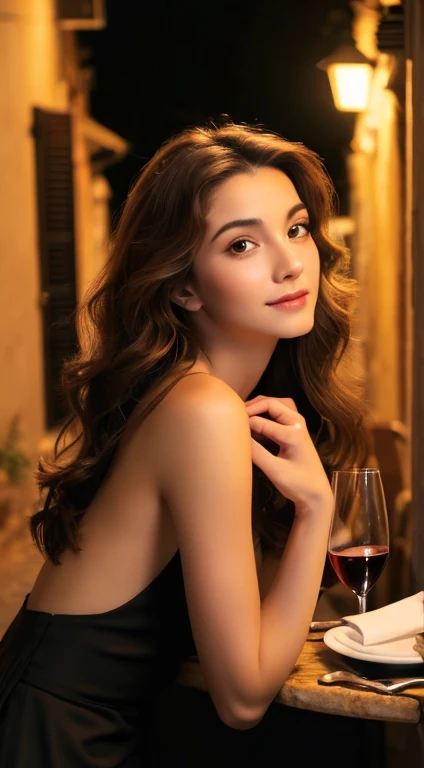 (best quality,High resolution,master piece:1.3),tall and beautiful woman,frontage,Long dark brown hair with loose waves, Nude, dark alley, Beautifully rendered facial and skin texture details,charming eyes,charming eyes,double eyelid, Young lady age 20, gorgeous, cute girl, attractive girl, stunning girl, gorgeous young lady, fine dining restaurant on the mountain in Positano in Italy, gorgeous elegant attractive, enjoying life!!! Elegant, sitting at a table with plates of food and a glass of white wine, sunset, near dark background.