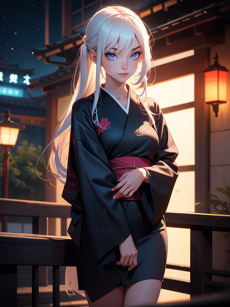 8K, Masterpiece, RAW photo, Best quality, detail:1.2), Photorealistic, Extremely detailed Cg Unity 8K wallpaper, Depth of field, Cinematic light, Lens flare, Ray tracing, (Extremely beautiful face, Beautiful lips, Beautiful eyes), intricate detail face, ((ultra detailed skin)) 1girll, In the dark, deepshadow, Pretty Japan girl, Jpop idol, (Very slim and slender muscular body:1.3), ((view the viewer)), (Big smile), (bodycon Kimono), (RedKimono), (Injection sleeve), (Leaning on the wall), (Neon Sign), Night, Pretty Japanese girl, Pantyhose, Clear eyes, Standing, (Pale skin), Face forward, (Big eyes), ((upperbody shots)), Kimono Silk, Front shot, Very slim, slander, seamless, Kimono with a slightly open, magical ambient