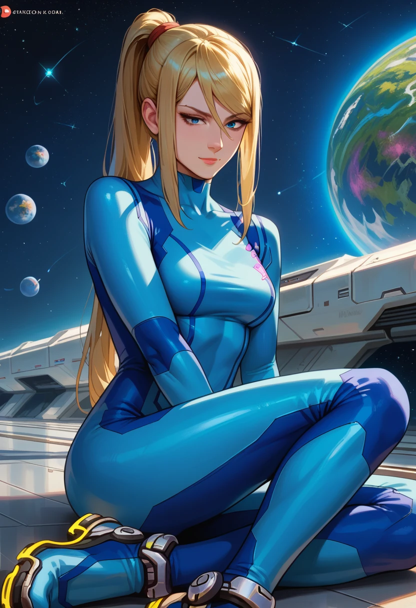 score_9, score_8_up, score_7_up, 1girl, solo,defSamus, blonde hair, long hair, bodysuit, blue clothes, blue pants, blue gloves, sitting on ground, without shoes,  slight smile, looking down, spaceship, space