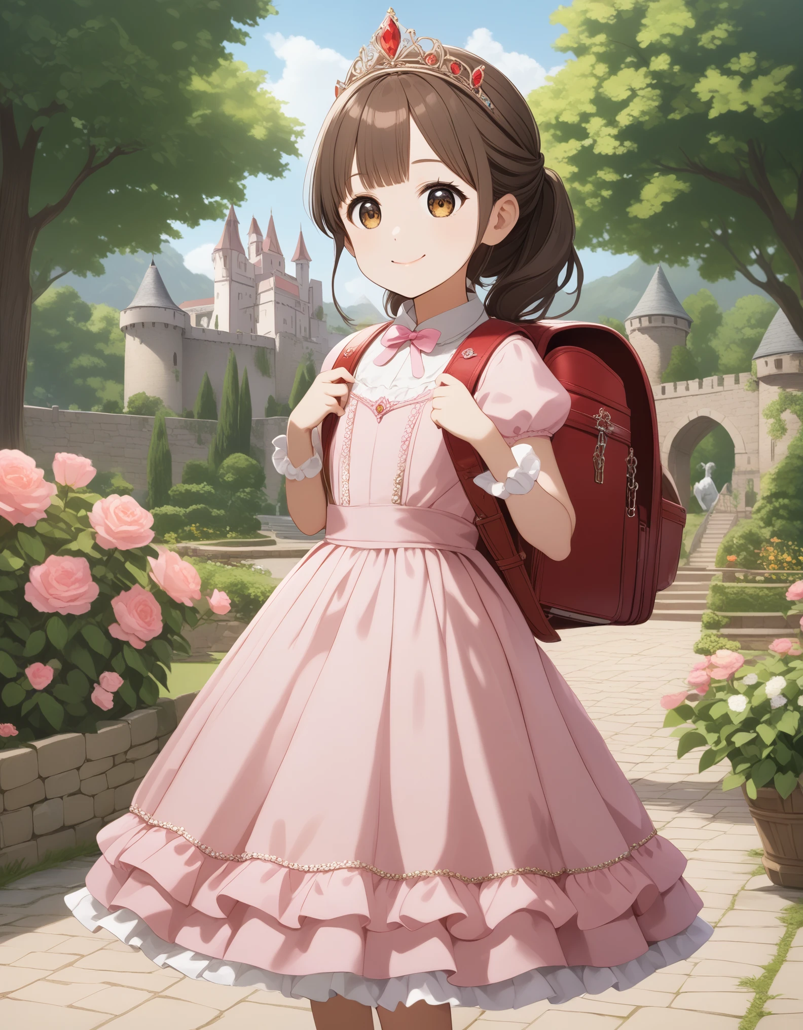 masterpiece, best quality, highres, 1girl, long hair, one side up, solo, ponytail,brown hair, masterpiece, best quality, highres, 1girl, 9 years old, solo, brown hair, short hair, brown eyes, mole under eye, cowboy shot,, princess dress, princess Costume,bowtie, smile (princess:1.2), frilled dress, tiara, castle, outdoor, garden, wearing randoseru backpack, (randoseru backpack:1.2), outdoor, day