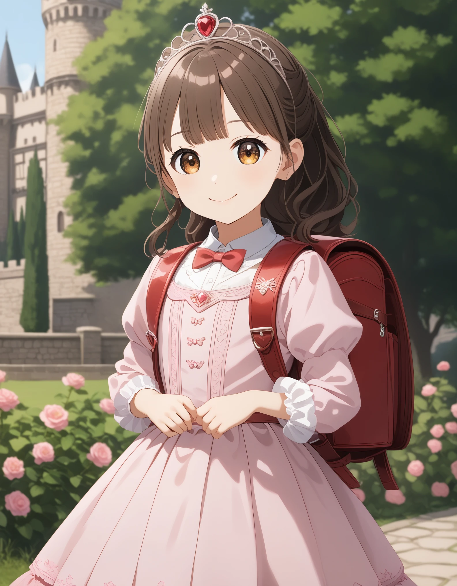 masterpiece, best quality, highres, 1girl, long hair, one side up, solo, ponytail,brown hair, masterpiece, best quality, highres, 1girl, 9 years old, solo, brown hair, short hair, brown eyes, mole under eye, cowboy shot,, princess dress, princess Costume,bowtie, smile (princess:1.2), frilled dress, tiara, castle, outdoor, garden, wearing randoseru backpack, (randoseru backpack:1.2), outdoor, day