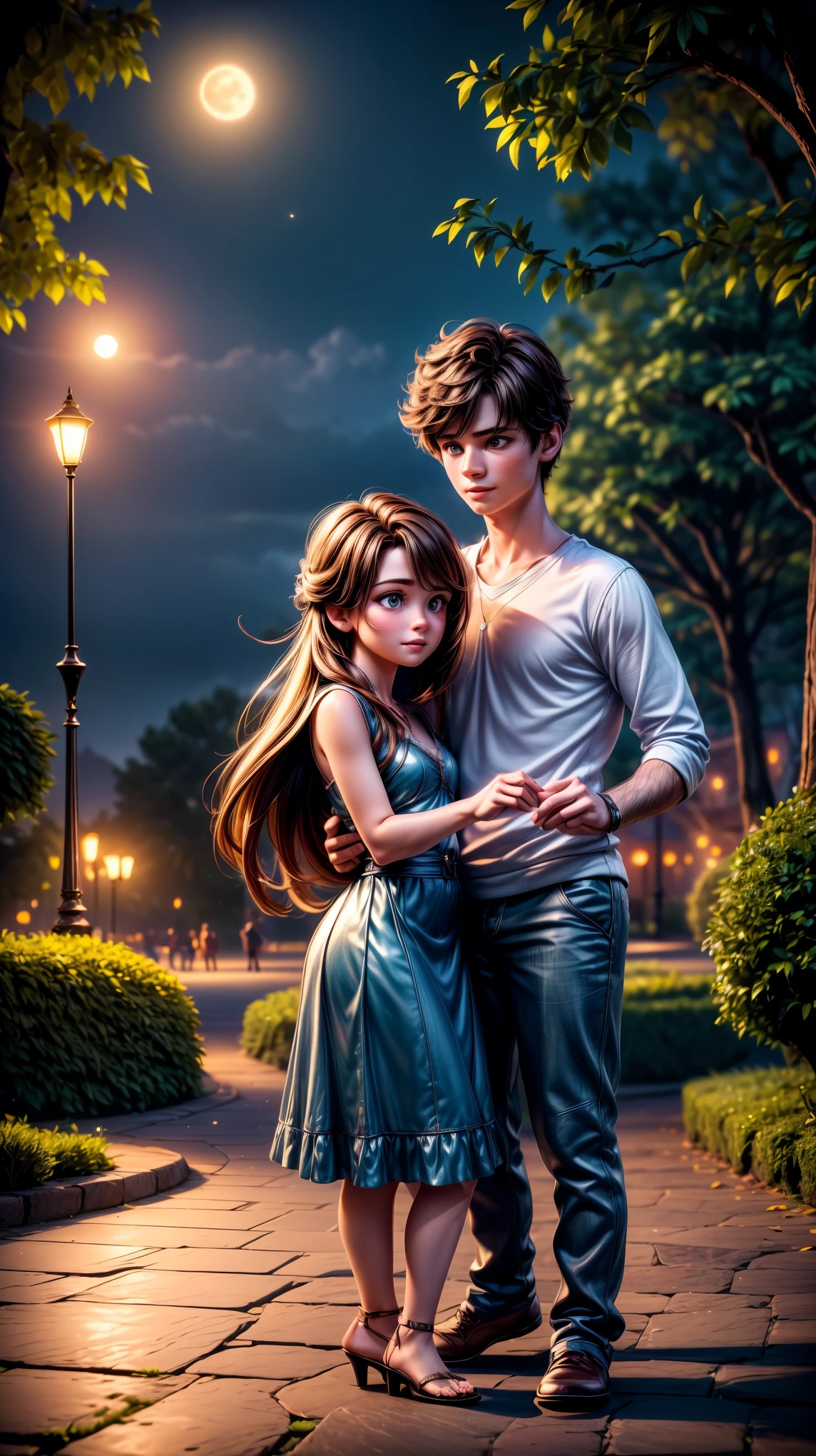 a young couple in a park at night, romantic date, love confession, moonlight, full moon, ethereal, dreamy, soft lighting, detailed faces, deep eye contact, delicate fingers intertwined, lush greenery, cobblestone path, ambient moon glow, (best quality,4k,8k,highres,masterpiece:1.2),ultra-detailed,(realistic,photorealistic,photo-realistic:1.37),cinematic composition,warm color palette,magical atmosphere